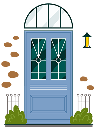 Illustration of blue exterior door with decorative glass windows, sconce lamp, and shrubs.