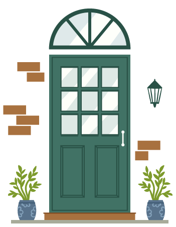Illustration of dark green exterior door with sconce lamp and potted plants on stoop.