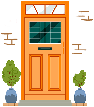 Illustration of orange exterior door with decorative glass windows and potted plants on stoop.