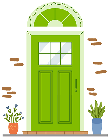 Illustration of light green exterior door with overhead decorations and potted plants.