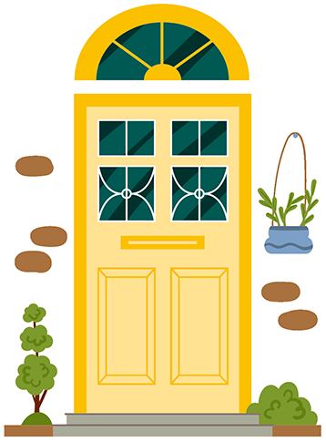 Illustration of light yellow exterior door with decorative windows, hanging plant, and shrubs.